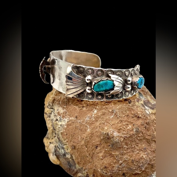 Signed ARB Navajo Sterling Silver Natural Turquoise Watch Cuff Bracelet 7" - Picture 1 of 12